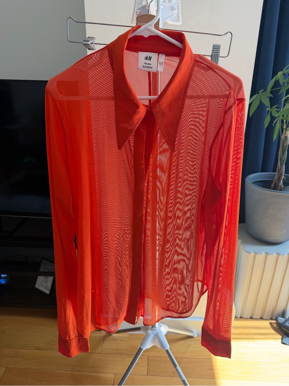 H&M Men’s Sheer Button-Down Shirt in Red-Orange